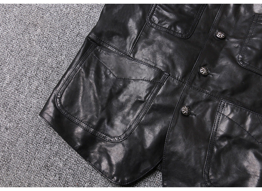Men Leather Vest Sheepskin Black V-Neck Button Waistcoat