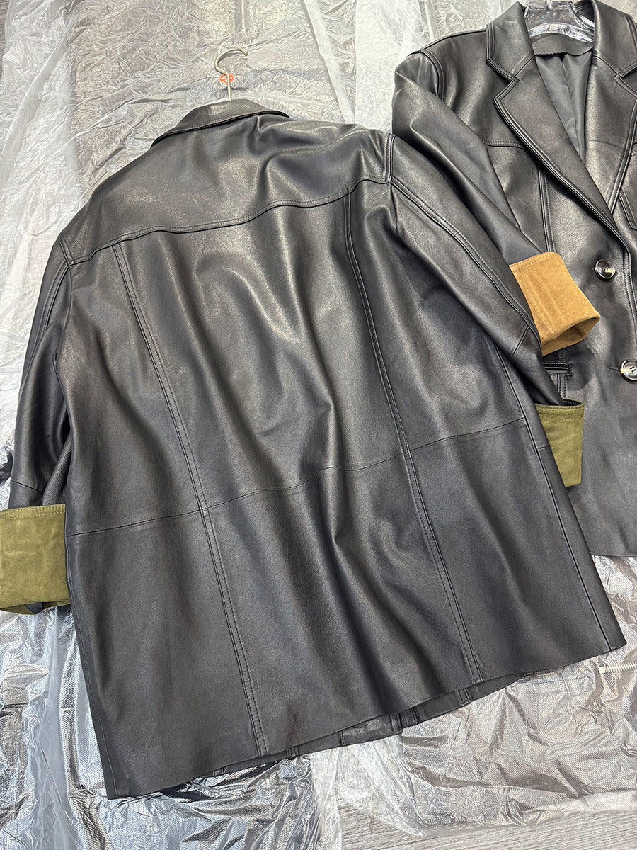 Women Leather Jacket Mid-Length Blazer with Suede Cuffs