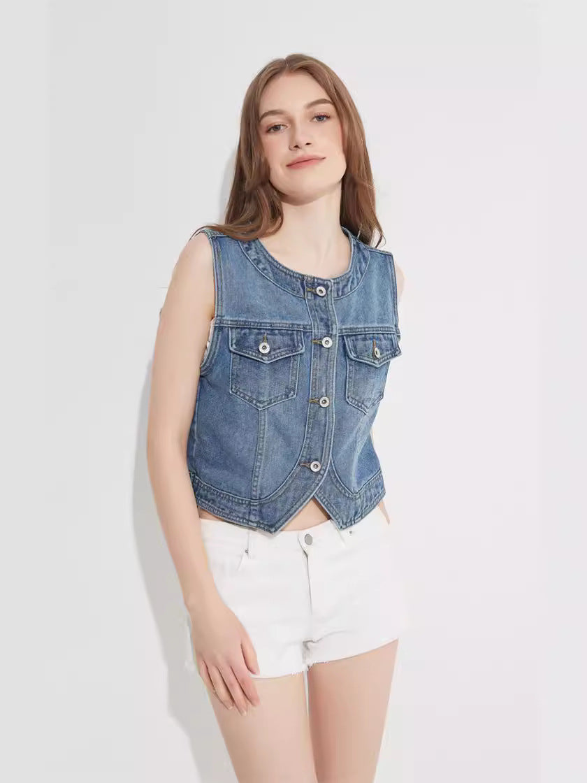 Flap Pocket Button Front Vest Denim Jacket