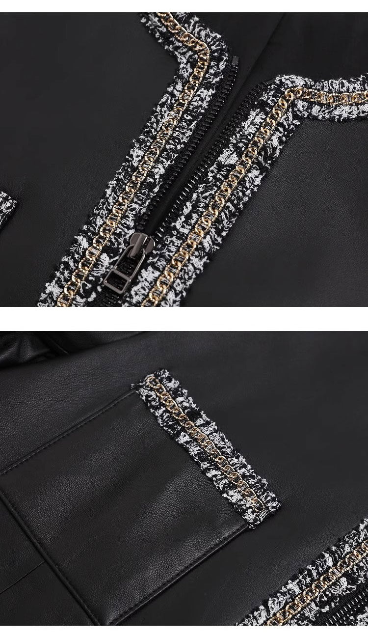 Women’s Leather Jacket with Chain Trim and Tweed Edge