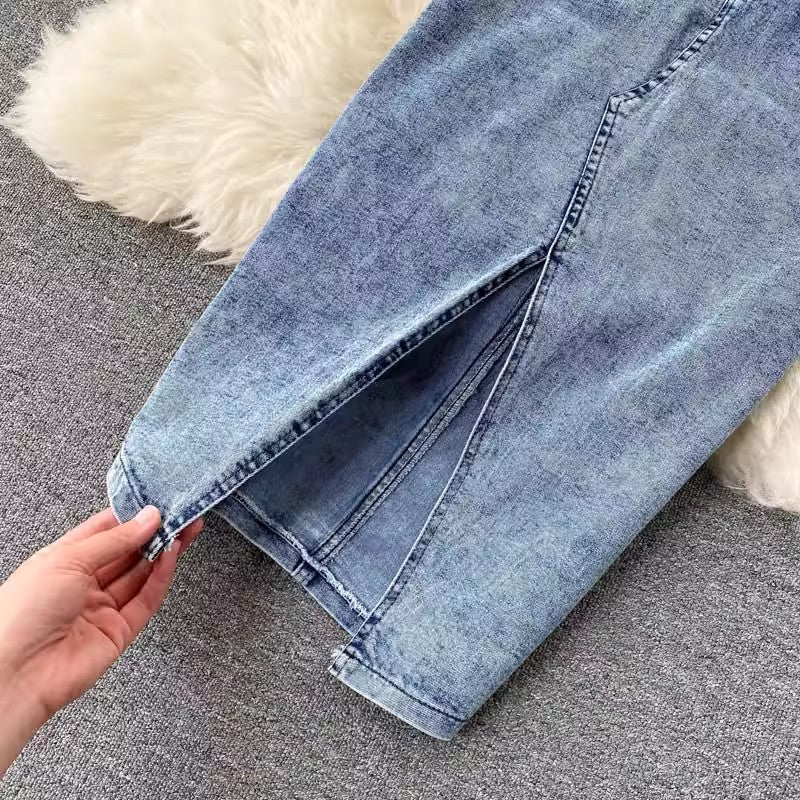 Women’s Denim Two Piece Skirt Set with Zipper Crop Top