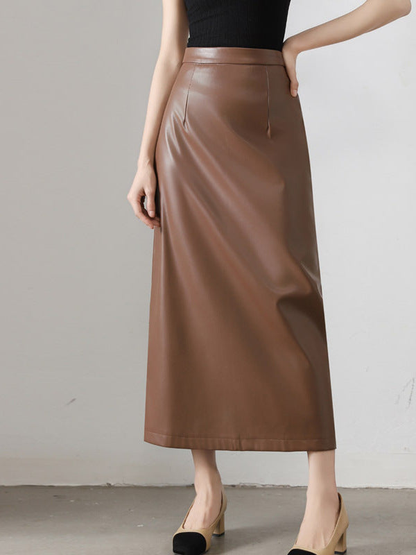 Brown PU Leather High Waist Midi Skirt with Back Slit