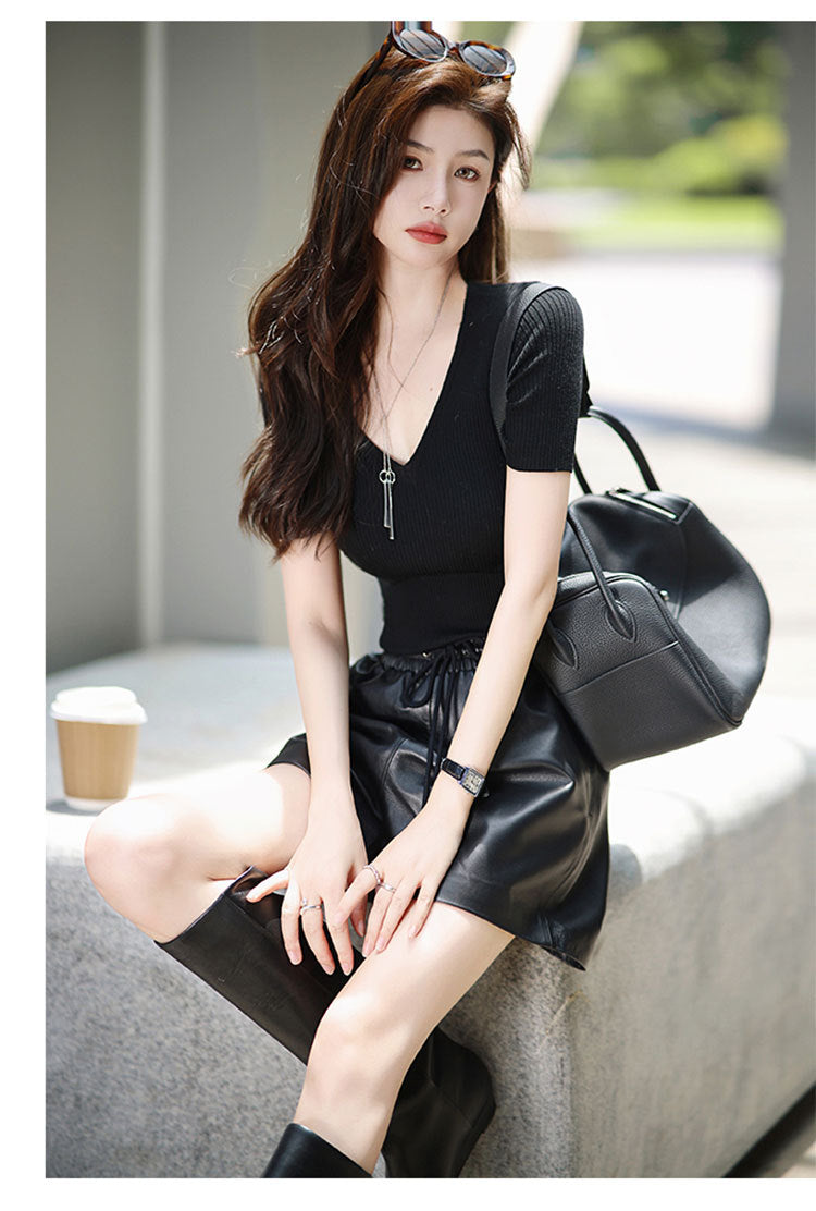 Women’s High Waisted Black Leather Shorts Wide-Leg