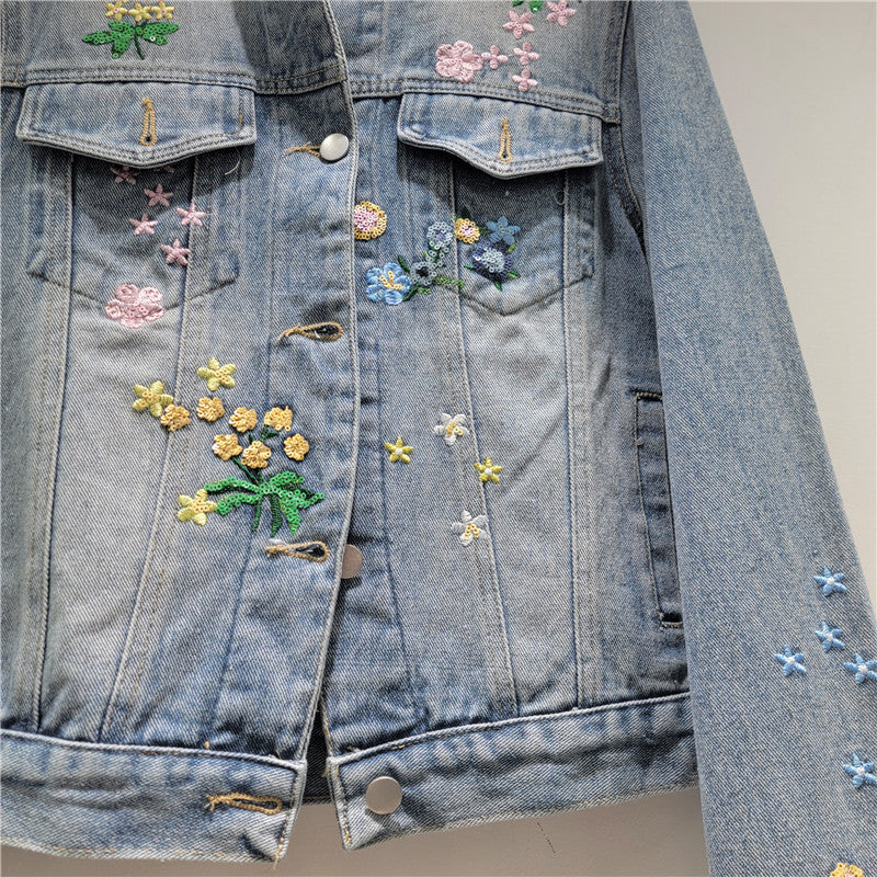 Women’s Embroidered Floral Sequin Denim Jacket Short Fit