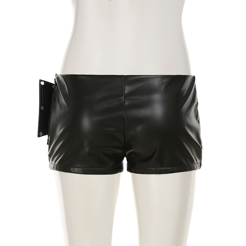 Black Faux Leather Shorts for Women with Buckle Low Waist
