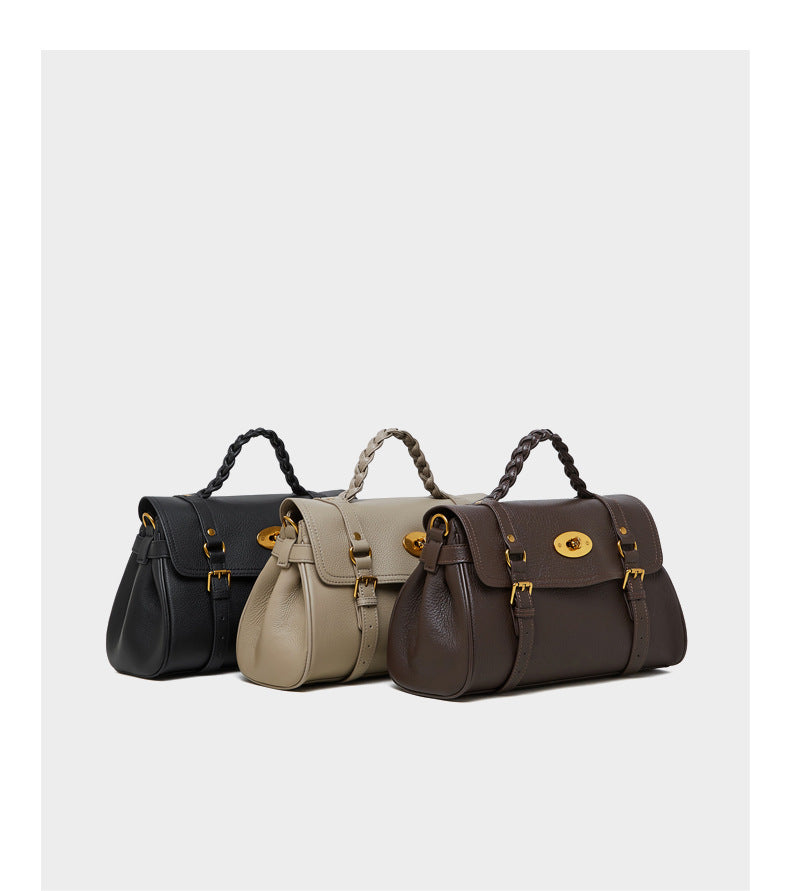 Black Leather Shoulder Bag for Women Braided Handle
