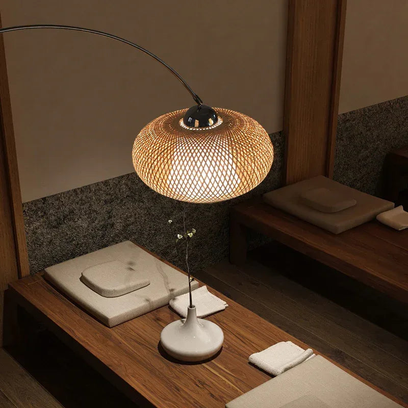 Japandi Rattan Dome Shade Bamboo Arc Floor Lamp