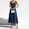 Denim Overall Long Dress with Buttons and Pockets for Women