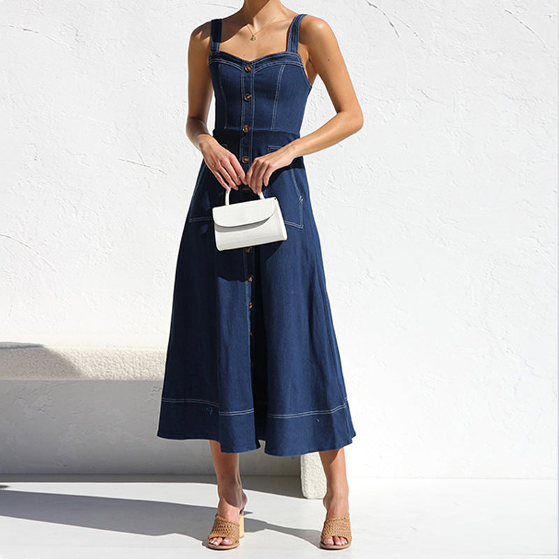 Denim Overall Long Dress with Buttons and Pockets for Women