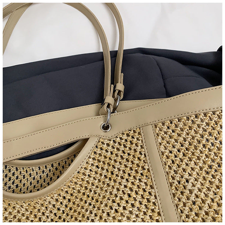 Woven Straw Beach Bag with PU Leather Trim