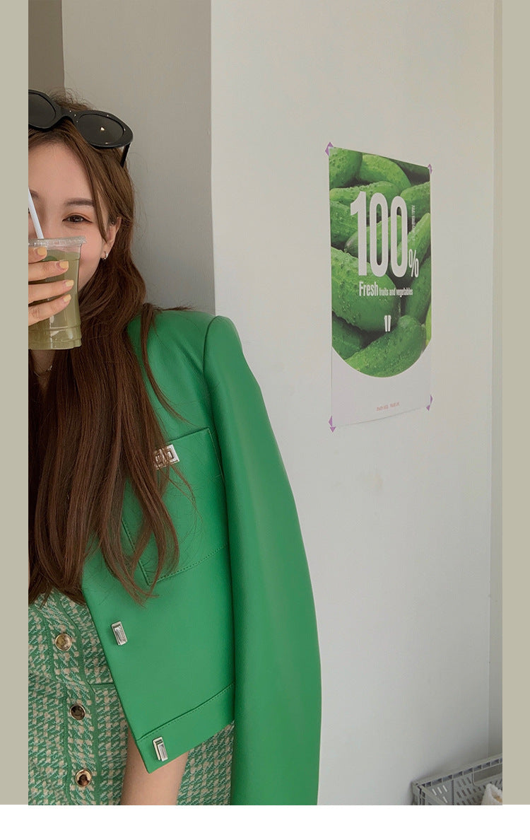 Women Leather Cropped Jacket Green Short Sheepskin Coat