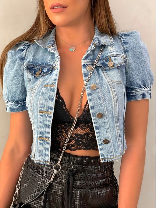 Puff Sleeve Crop Denim Jacket Women