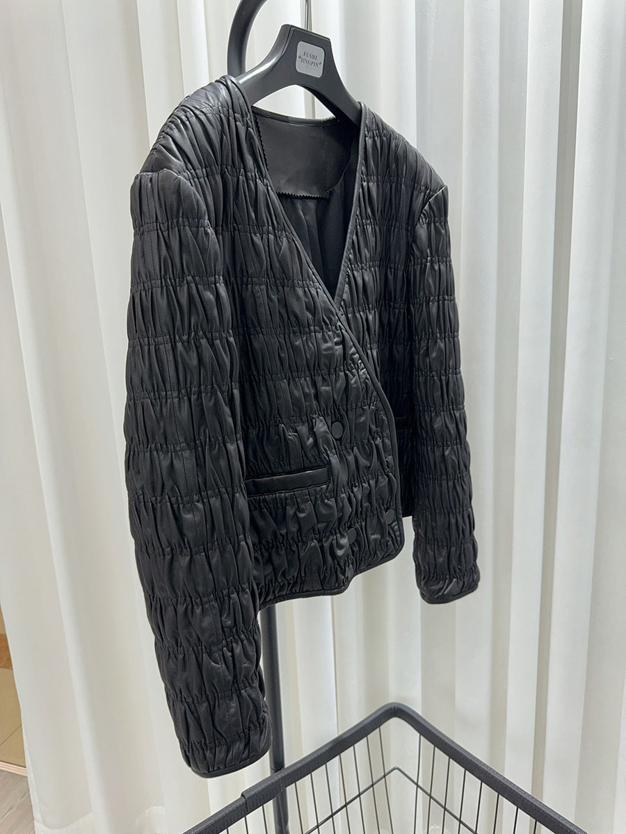 Women Leather Pleated Jacket Quilted V-Neck Short Coat