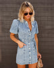 Short Sleeve Button Down Denim Mini Dress with Belt