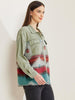 Green Lightweight Denim Jacket for Women with Tribal Woven Back