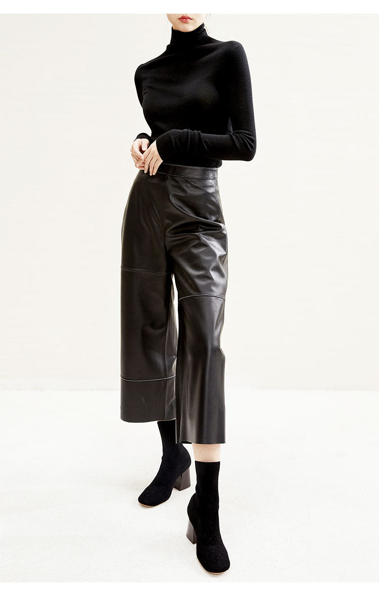 High Rise Leather Elephant Style Pants Straight Leg Midi Culotte