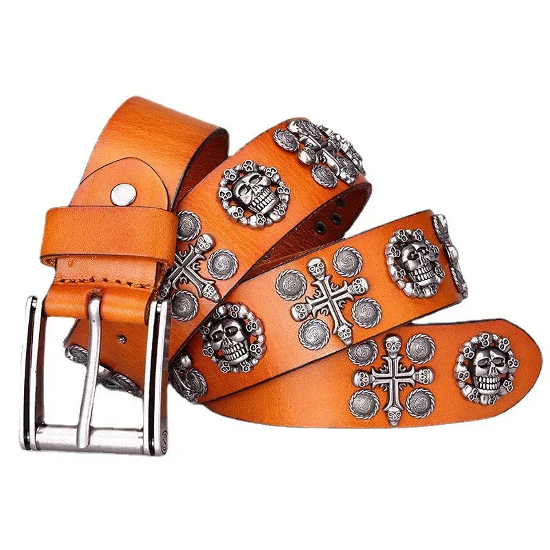Leather Studded Belt with Skull Rivets and Punk Cross Design