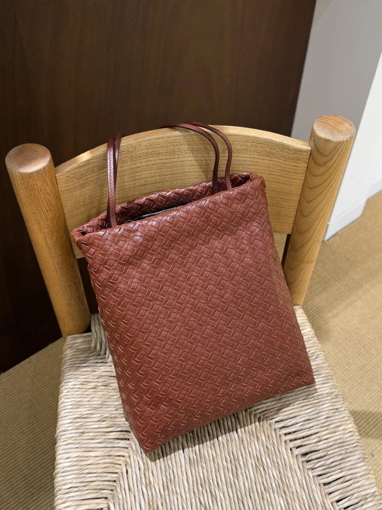 women leather woven tote bag for commuting