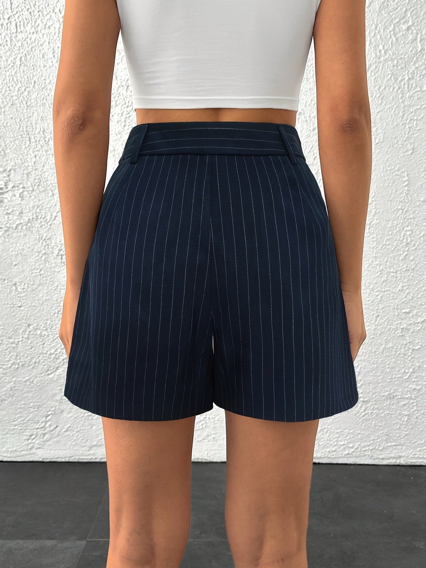 Navy Pinstripe High Waist Double Pocket Women’s Shorts
