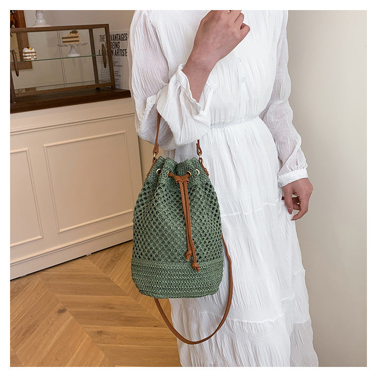Straw Beach Bucket Bag for Women with Leather Strap