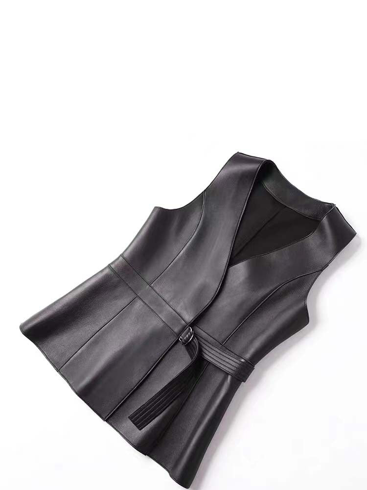 Women leather Vest with Belt Slim Waist Biker Style