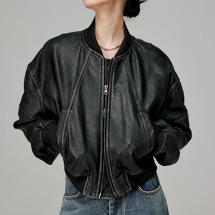 Women’s Genuine Leather Bomber Jacket Retro Baseball Style Coat