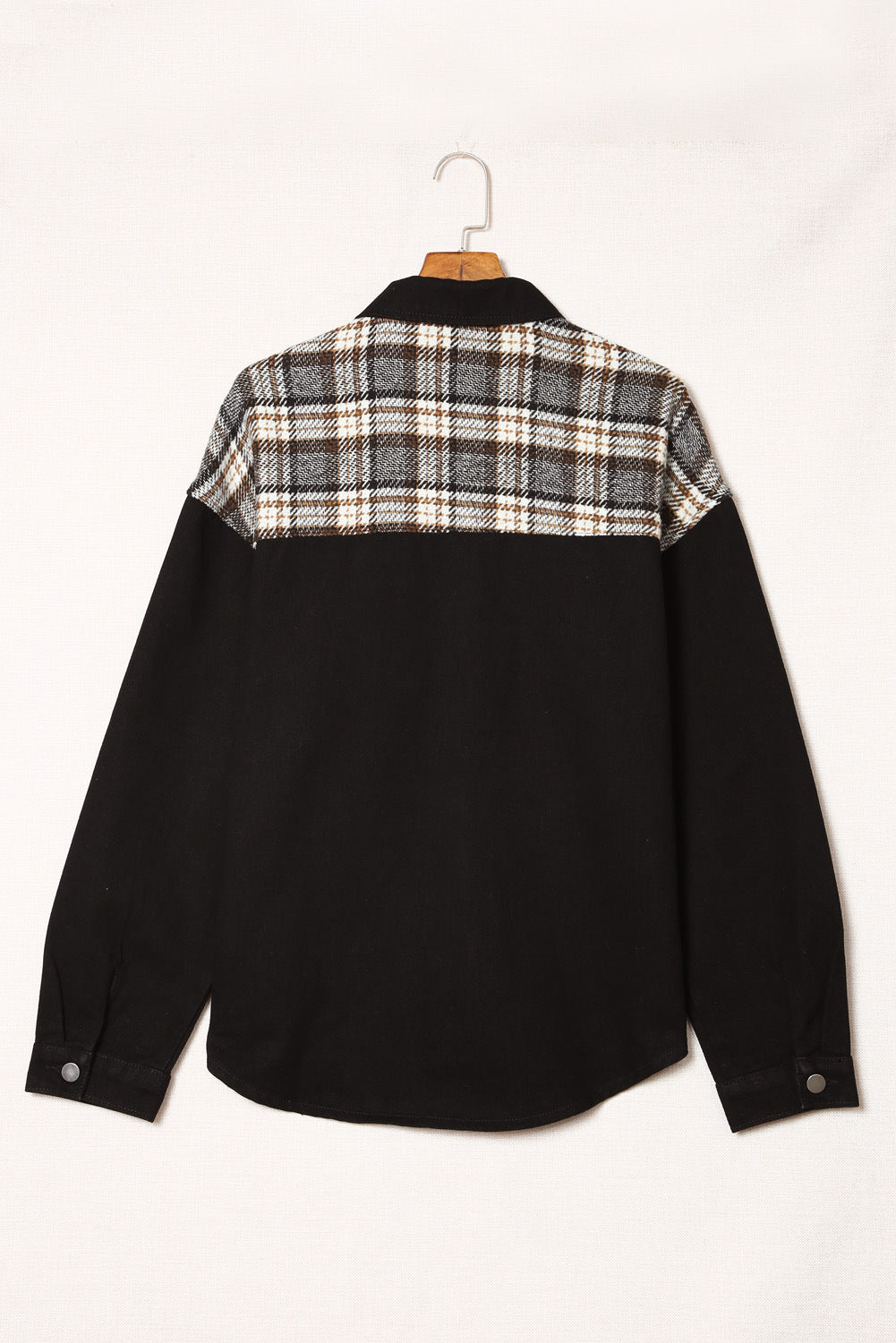 Black Plaid Patchwork Oversized Denim Shirt Jacket for Women