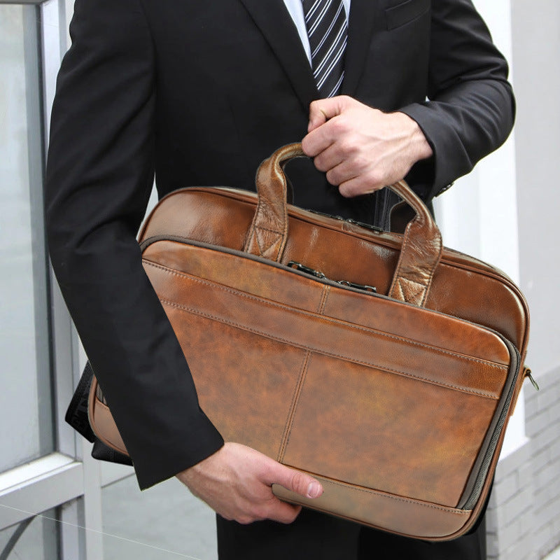 Men's Genuine Leather Office Bag With Trolley Strap