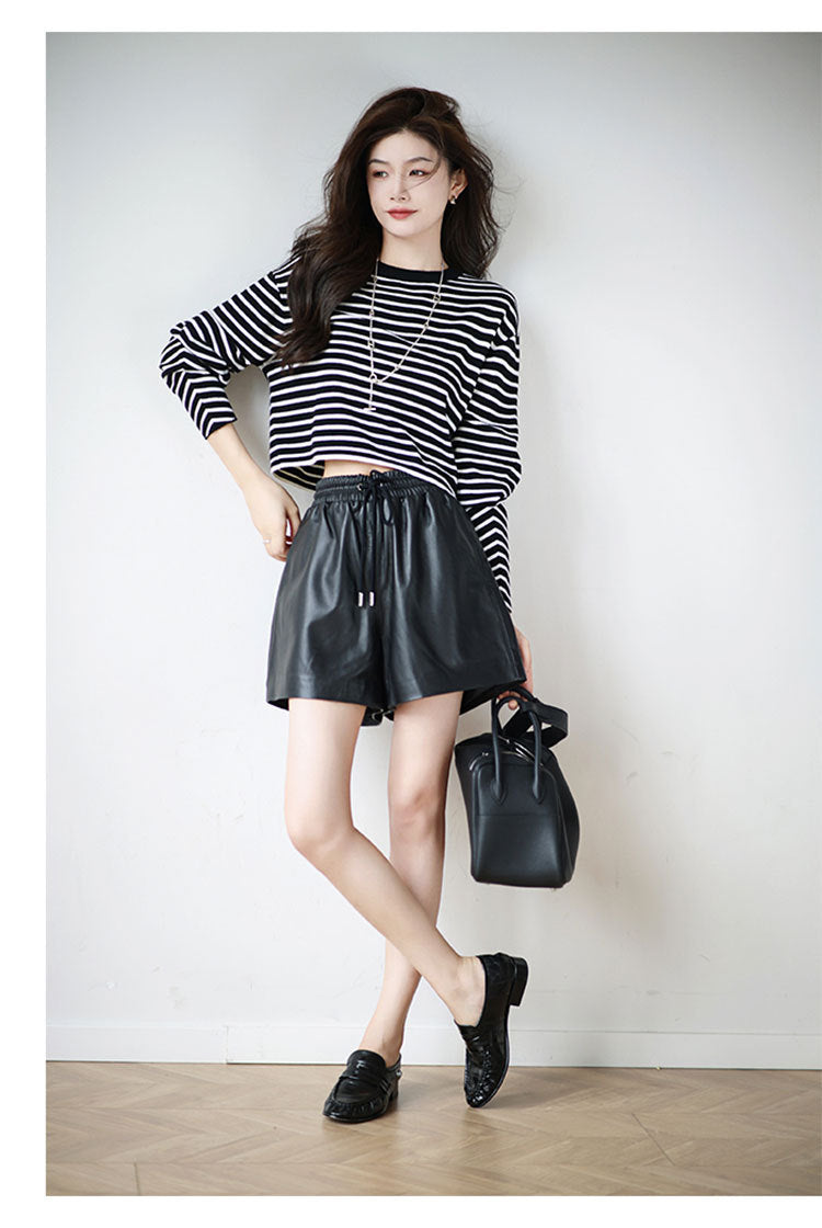 Women’s High Waisted Black Leather Shorts Wide-Leg