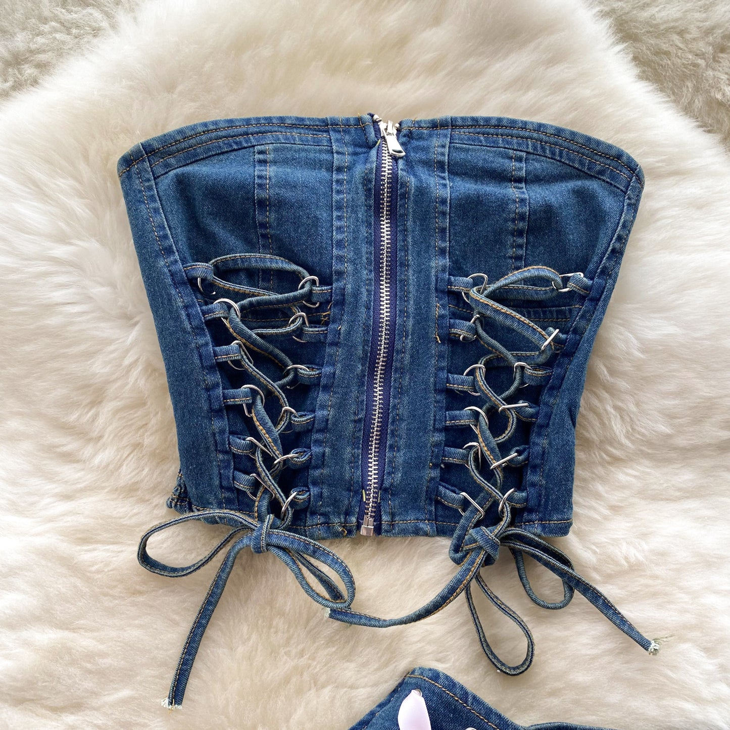 Denim Two Piece Set with Corset Top and Tiered Skirt Shorts