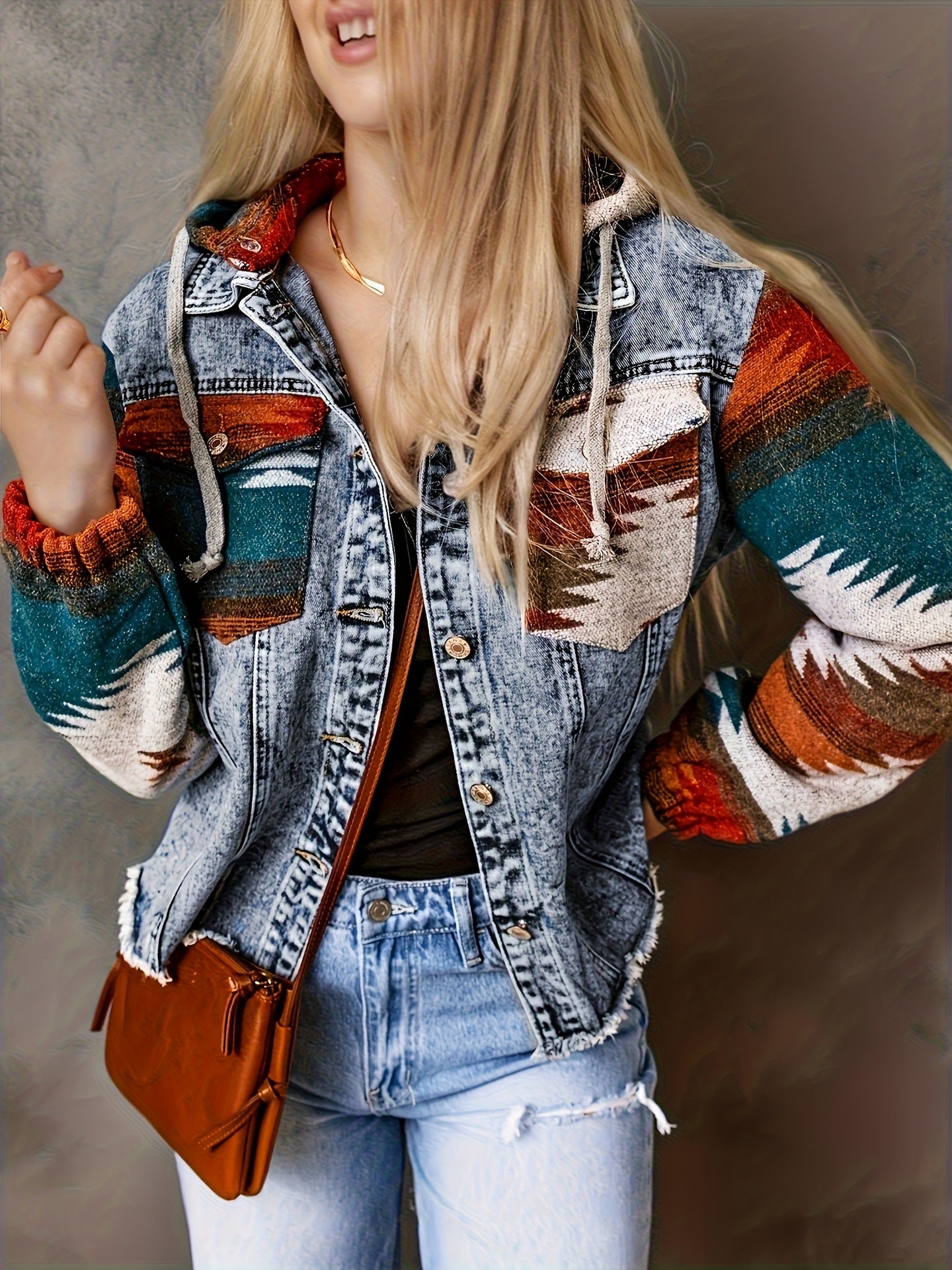Oversized Aztec Denim Jacket with Hood and Tribal Sleeves