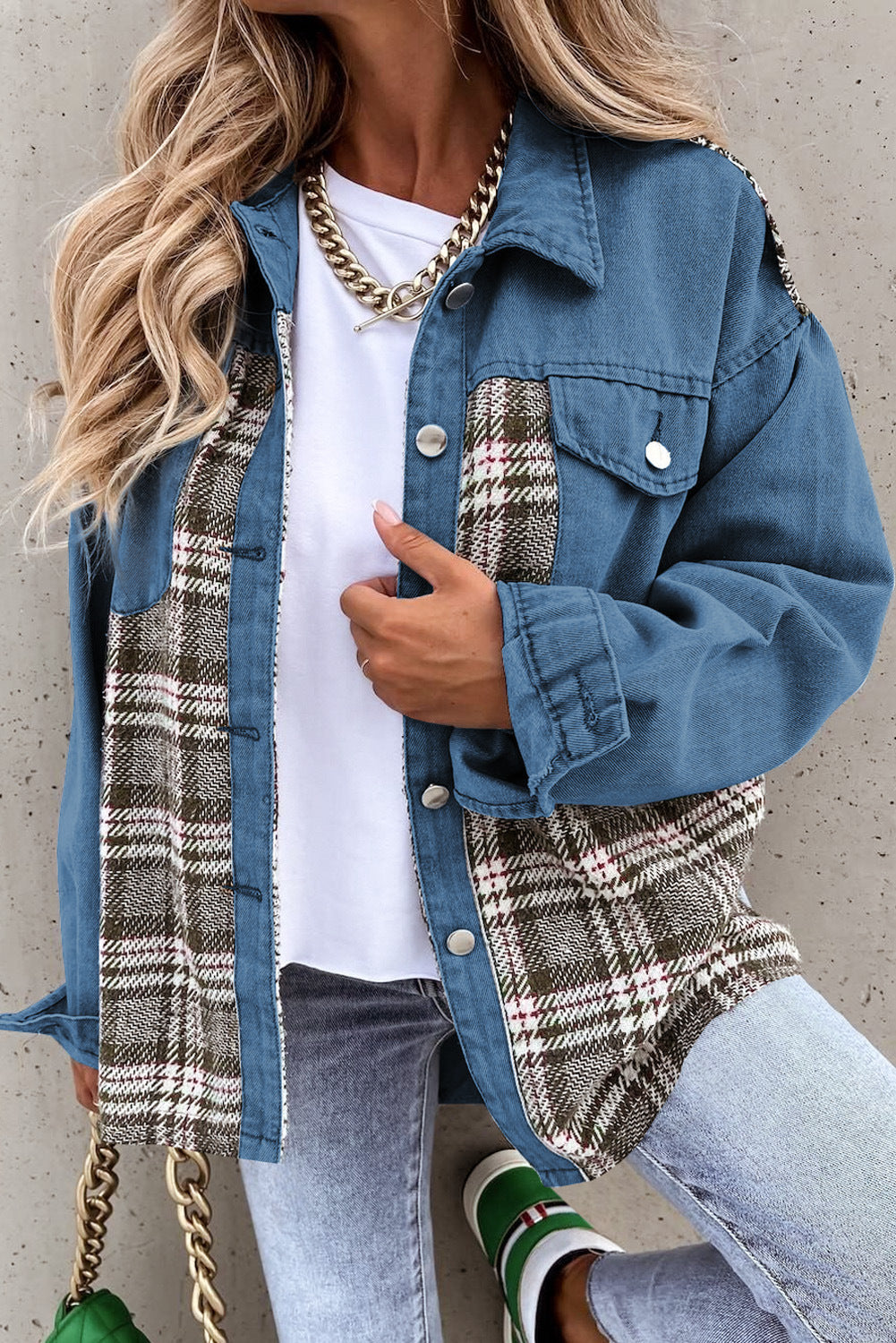 Mid-Wash Plaid Patchwork Oversized Denim Shirt Jacket for Women