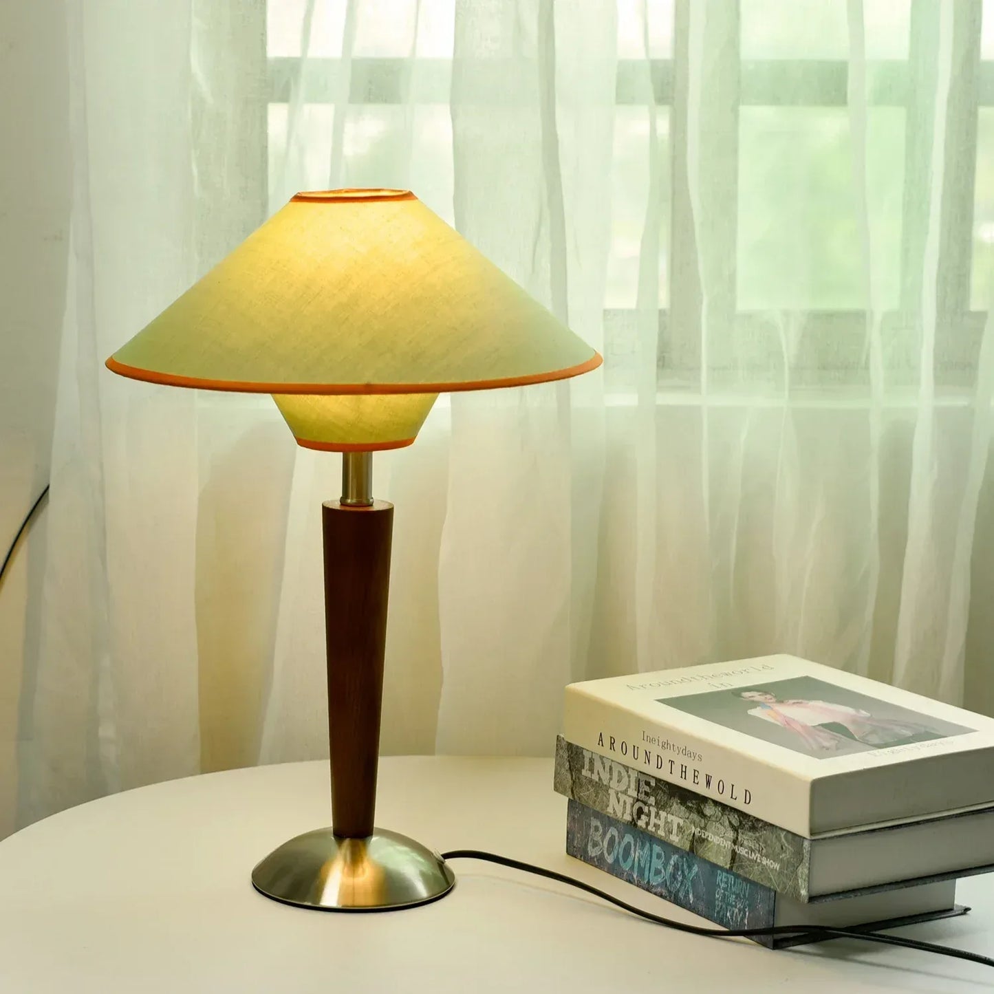 Mid Century Modern Wooden Table Lamp Fabric Shade