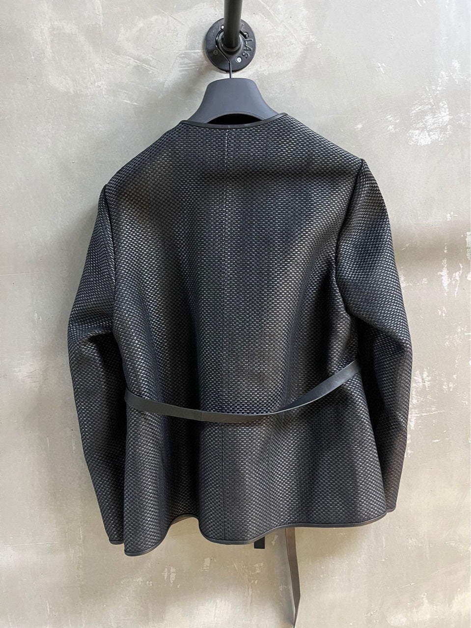 Women Hand Woven Leather Jacket with Open Front Belt