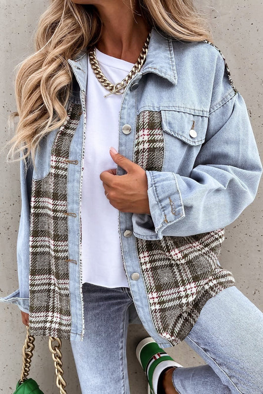Plaid Patchwork Oversized Denim Shirt Jacket for Women