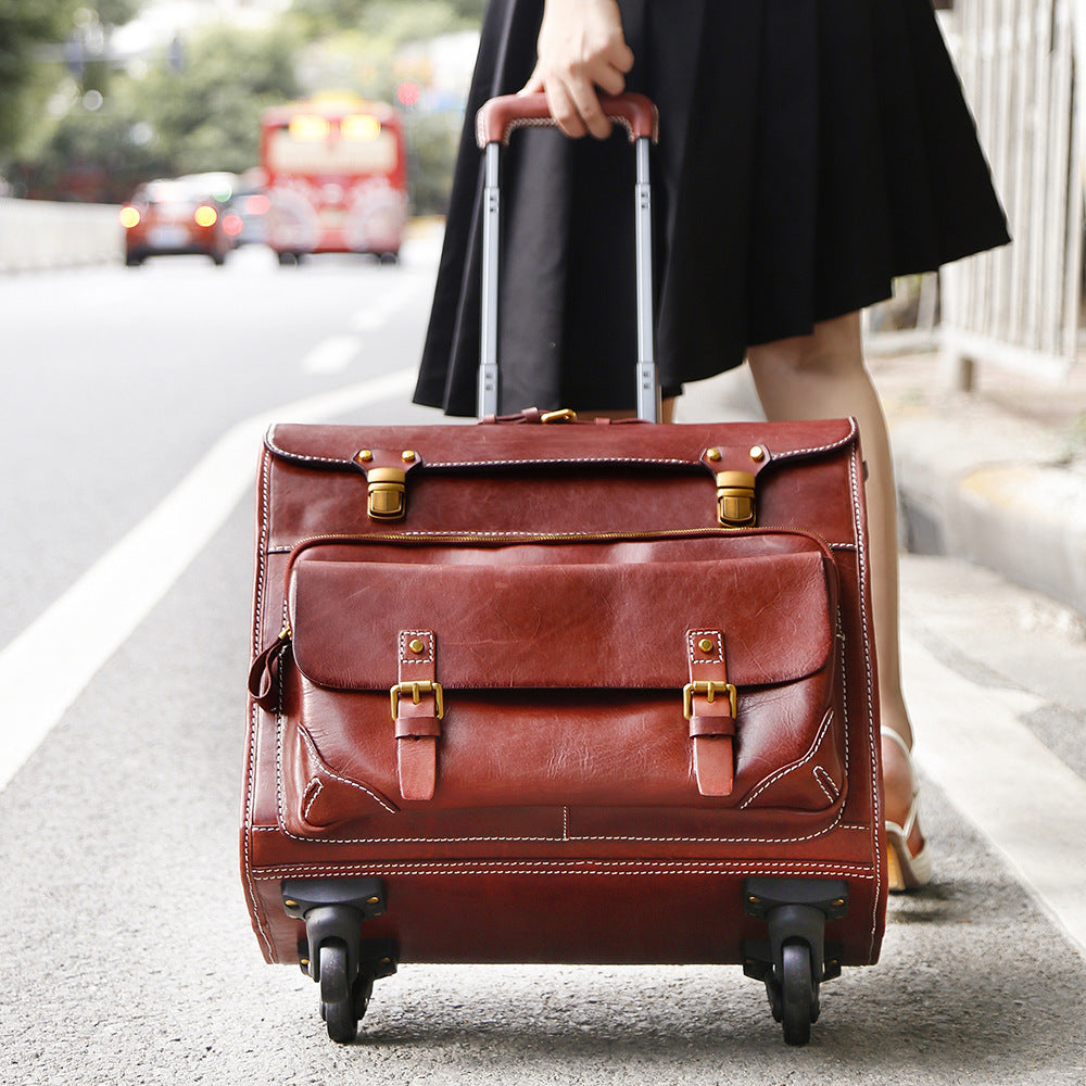 Genuine Leather Trolley Suitcase 20 Inch Cowhide Carry-On Luggage