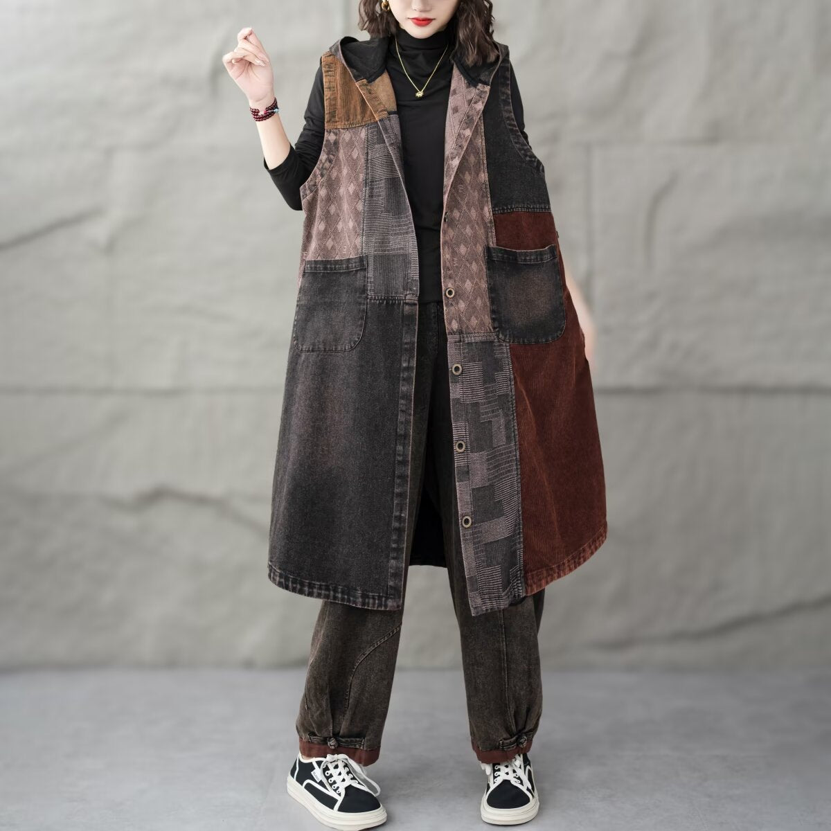 Patchwork Hooded Sleeveless Denim Dress for Women