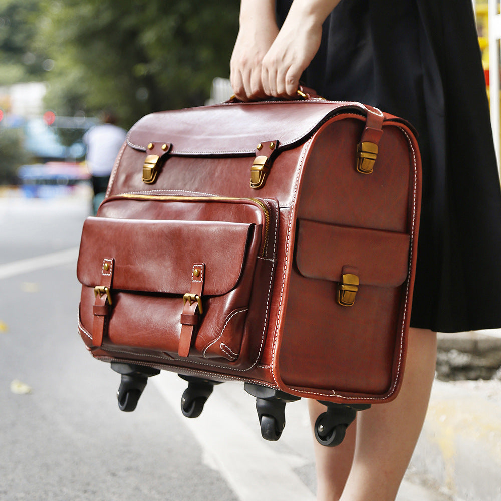 Genuine Leather Trolley Suitcase 20 Inch Cowhide Carry-On Luggage