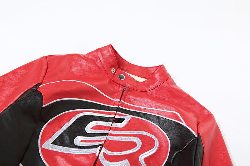 Women's Red Faux Leather Jacket with Cropped Biker Bomber Fit