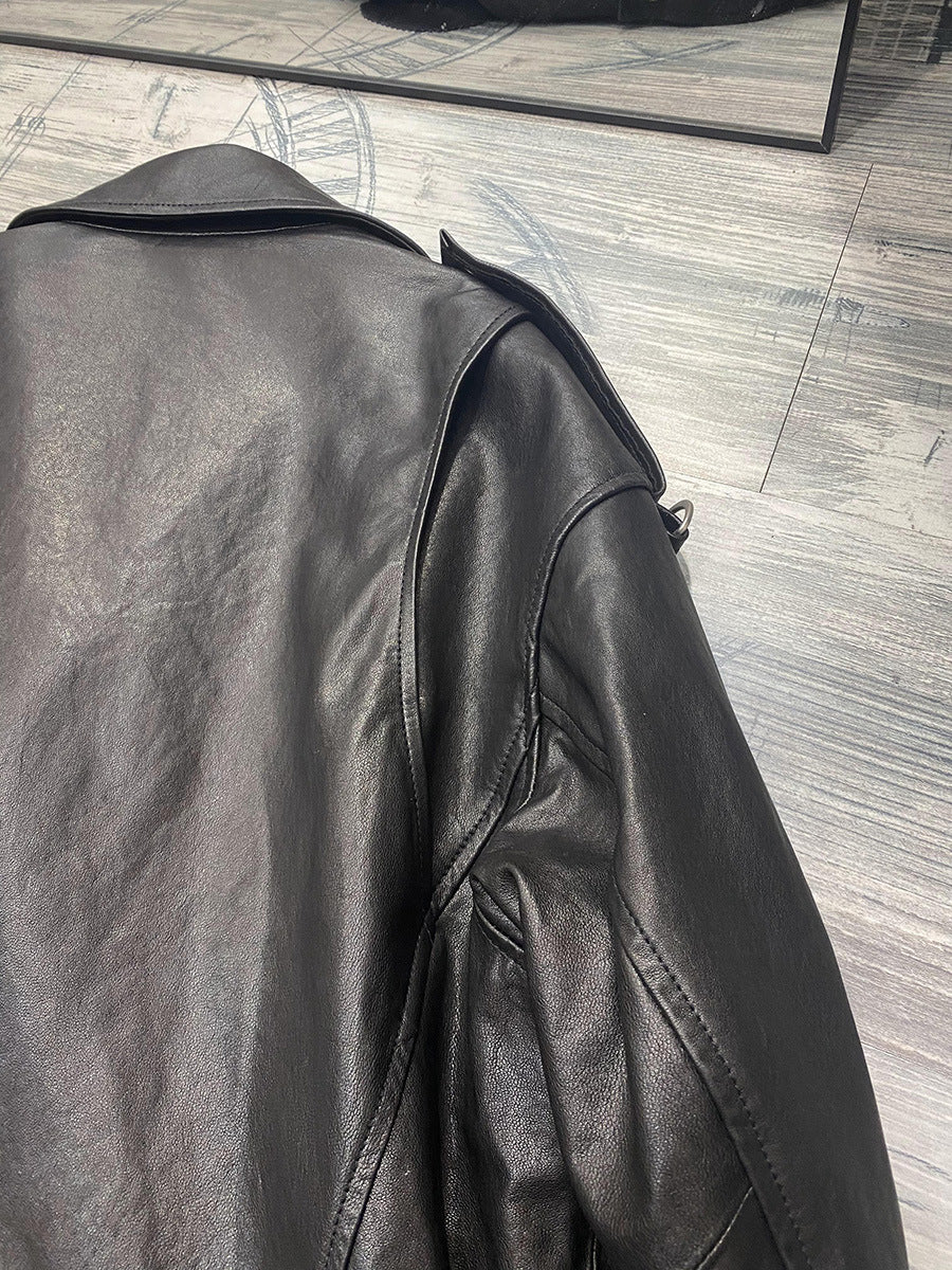 Women Oversized Genuine Leather Motorcycle Jacket Retro Washed