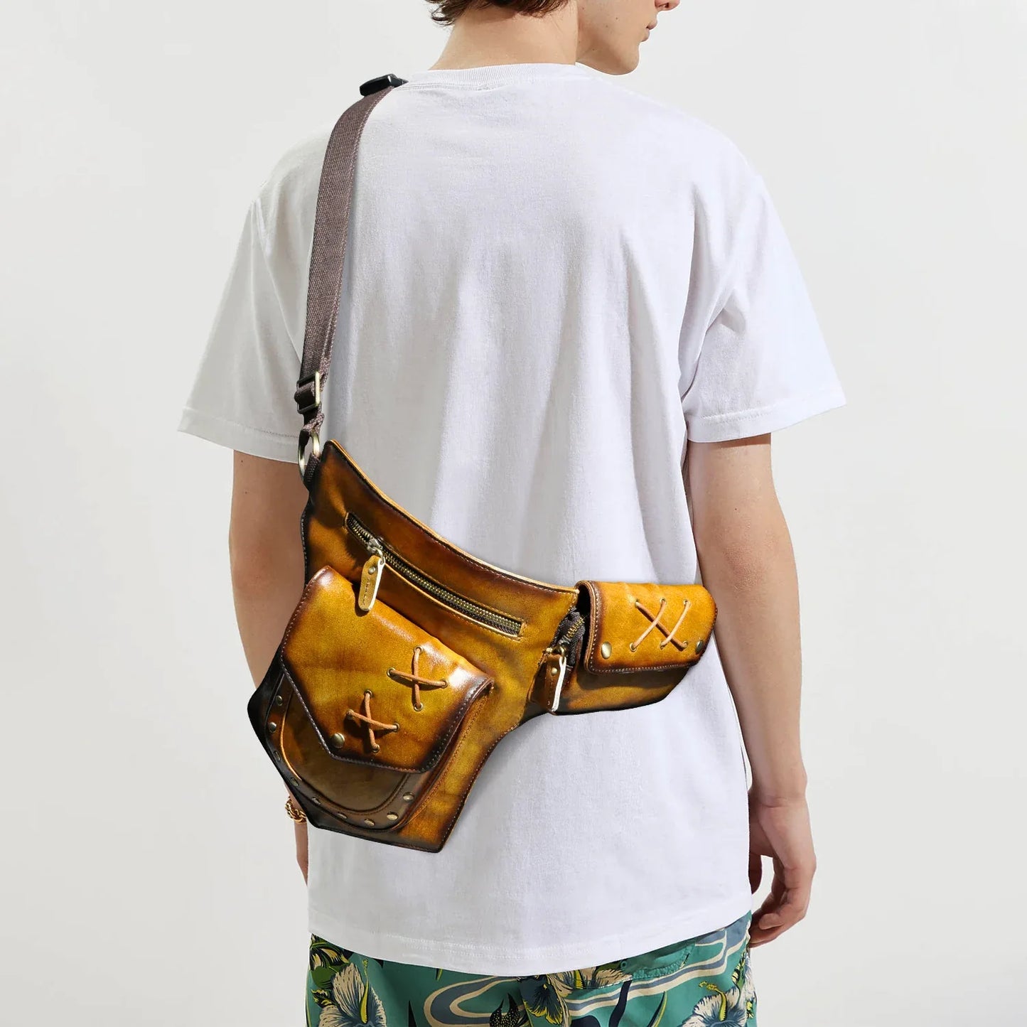 Men Leather Waist Bag with Dual Pocket Design