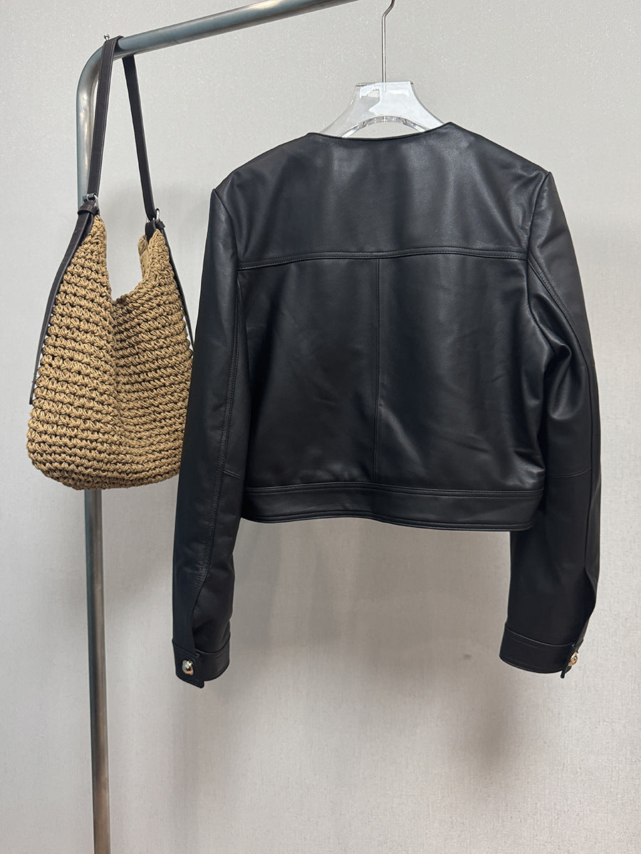 Women Cropped Leather Jacket Round Neck with Gold Buttons