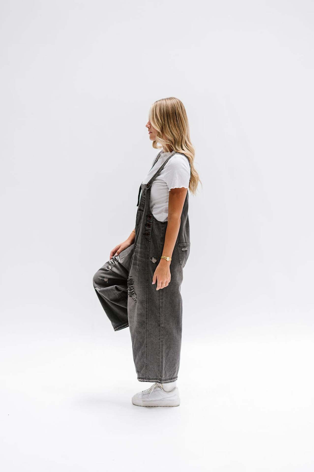 Distressed Denim Overall Dress Wide Leg Jumpsuit
