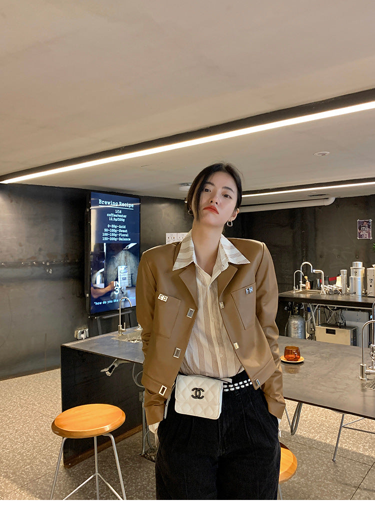 Women Cropped Leather Jacket Short Brown