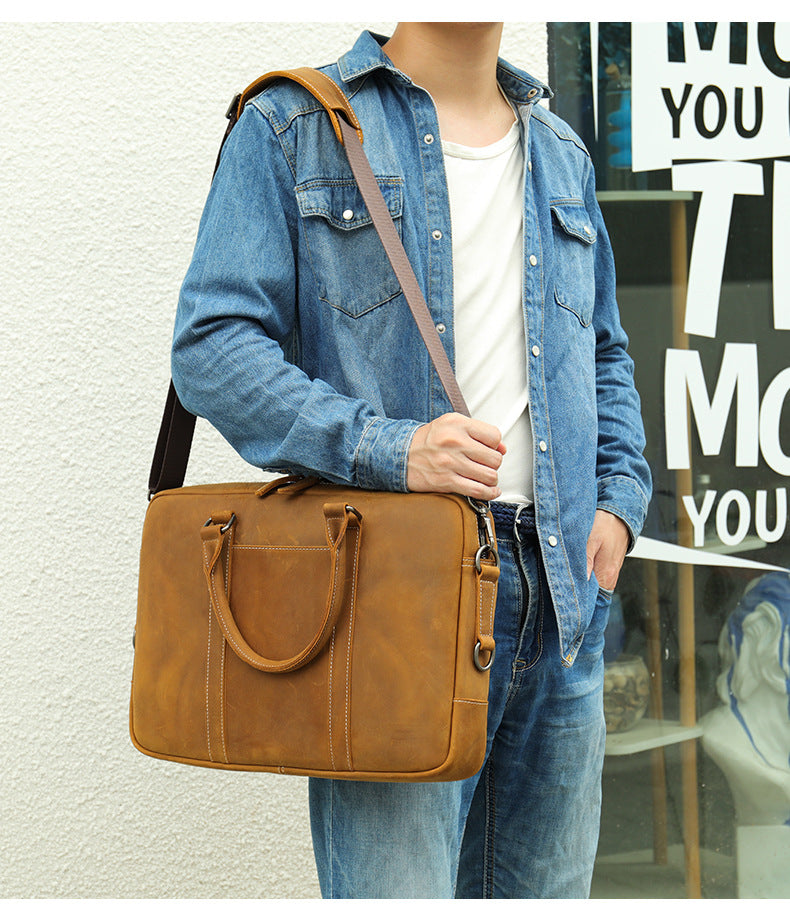 Genuine Leather Office Bag with Trolley Sleeve for Men