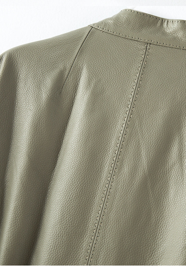 Women Leather Jacket Lychee Grain Belted Short Coat
