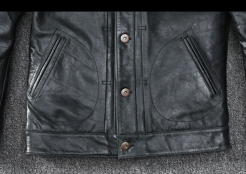 Black Leather Jacket Men Slim Fit Biker Oil Wax Vintage Style