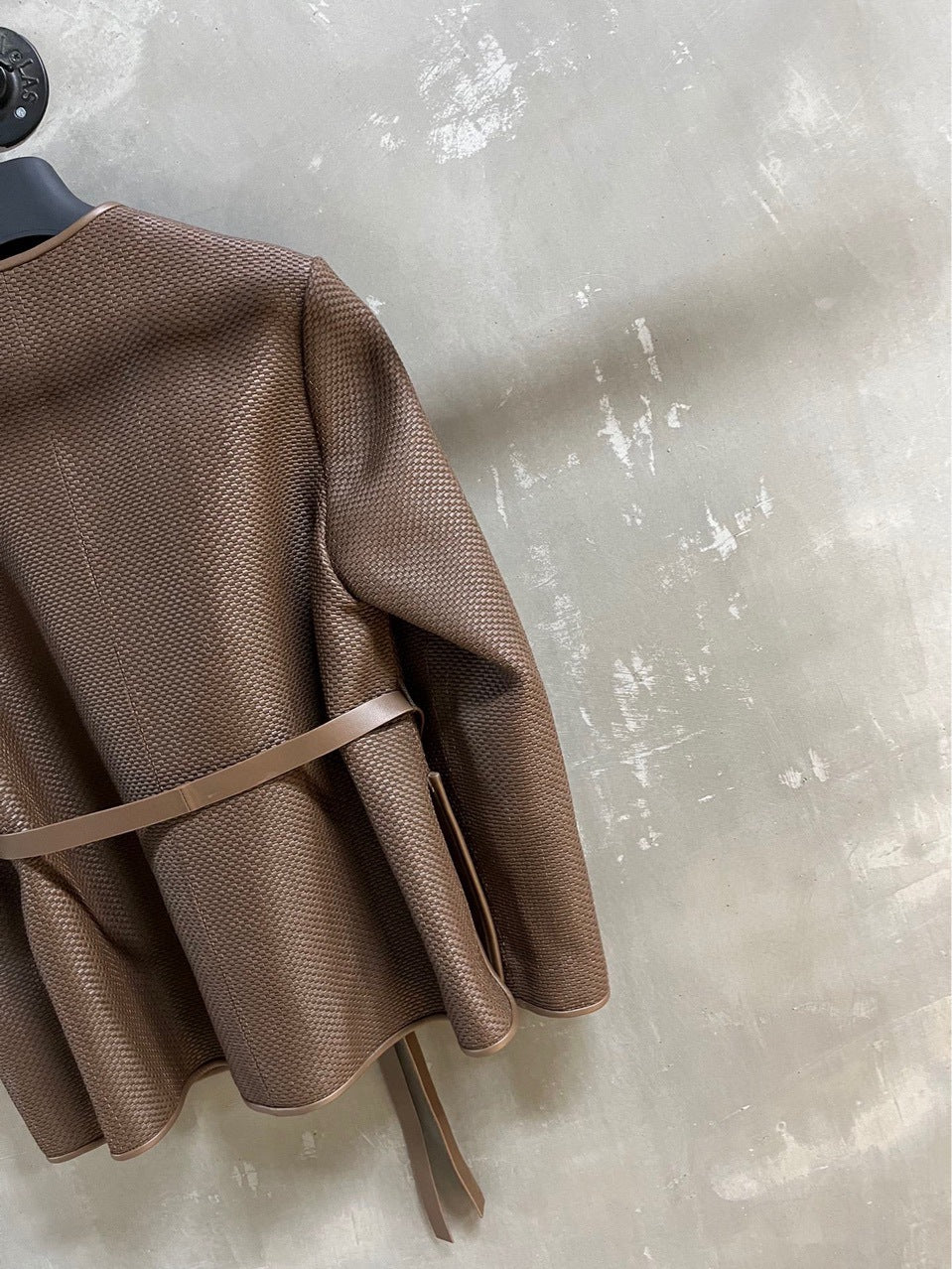 Women Hand Woven Leather Jacket with Open Front Belt