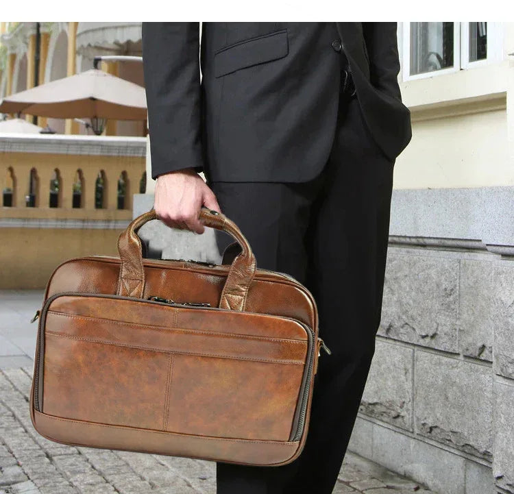 Men's Genuine Leather Office Bag With Trolley Strap