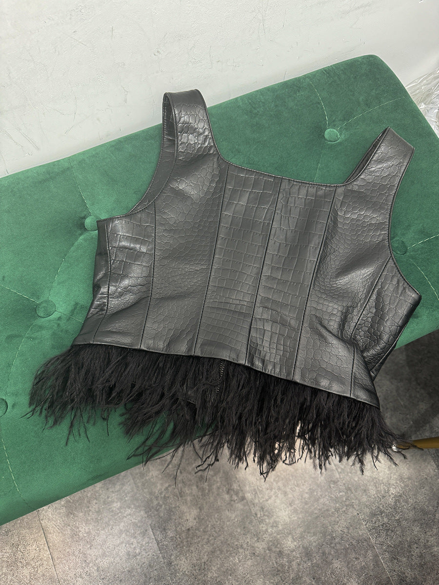 Women’s Genuine Leather Vest with Ostrich Feather Hem